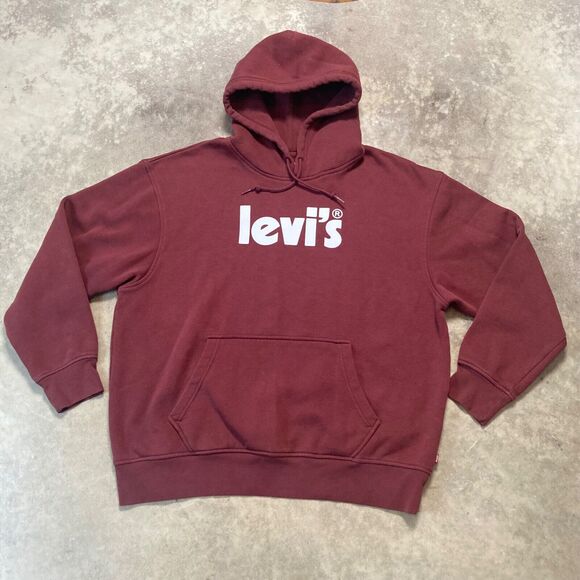 Levis Sweatshirt Mens Large Relaxed Fit Red Burgurdy Pullover Hoodie Comfort - Picture 1 of 8